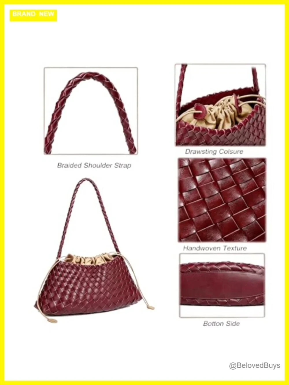 Vintage Faux Leather Hand-Woven Shoulder Hobo Bag with Detachable Drawstring